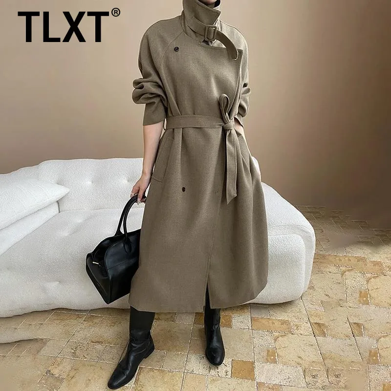 

TLXT Elegant Women's Contrast Color Trench Irregular Double Breasted Belt Gathered Waist Windbreaker Fashion Autumn New 2025