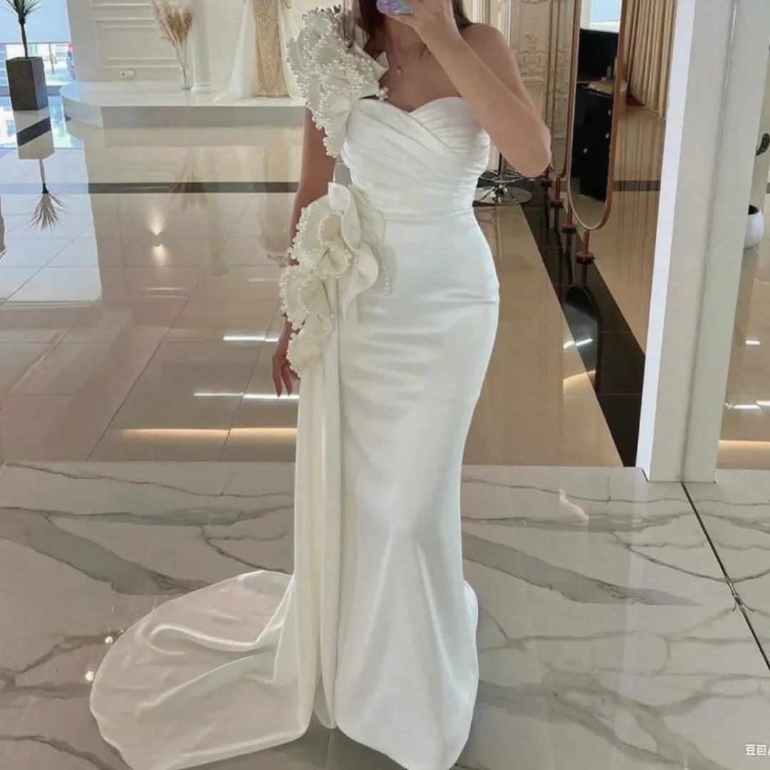 

Elegant White One Shoulder Satin Party Dresses Charming Mermaid Evening Dresses Prom Dress Customized