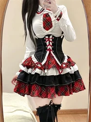 Coalfell Subculture Kawaii Sweet Lolita Skirt Suit Female Patchwork Vintage Lace Up Drawstring Multi Layered Skirt Y2k 3 Pcs Set