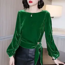 Spring Autumn Fashion Solid Color Lantern Sleeve Golden Velvet T-Shirts Women's Clothing Temperament Korean Bow Patchwork Tops