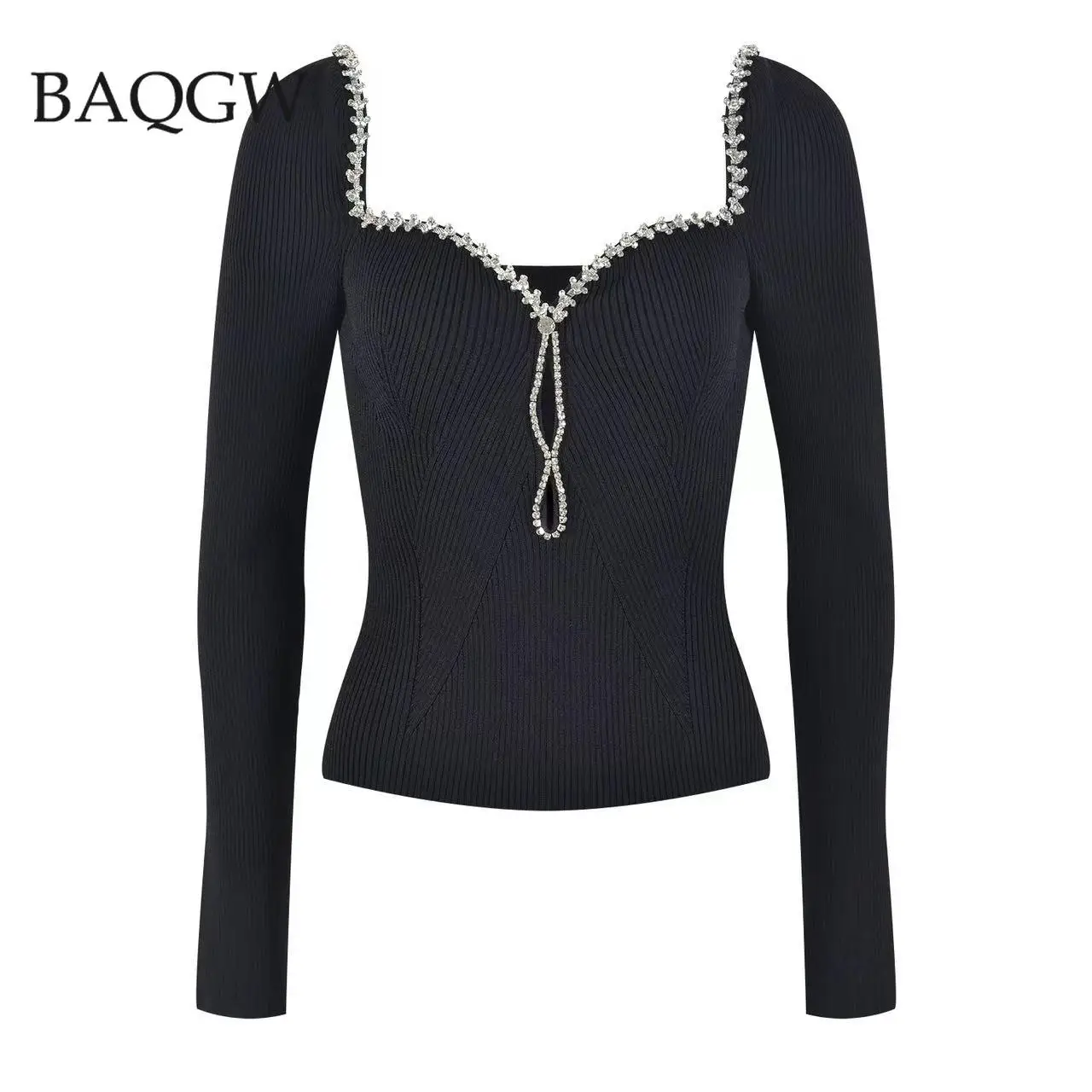 Hollow Out Sweater for Women Square Collar Long Sleeve Knitting Spliced Diamonds Patchwork Luxury Pullover Sweaters Female New