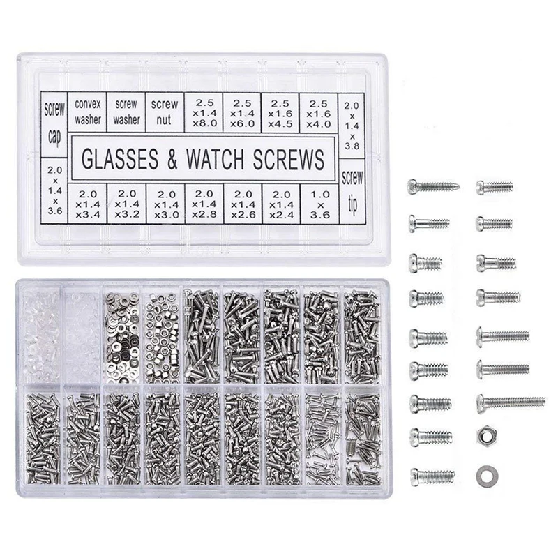 Kit de réparation de lunettes en acier inoxydable, kit de remplacement de vis de montre, jeu de minuscules vis, écrou, kit d'outils de réparation Wieshamm, 1000 pièces