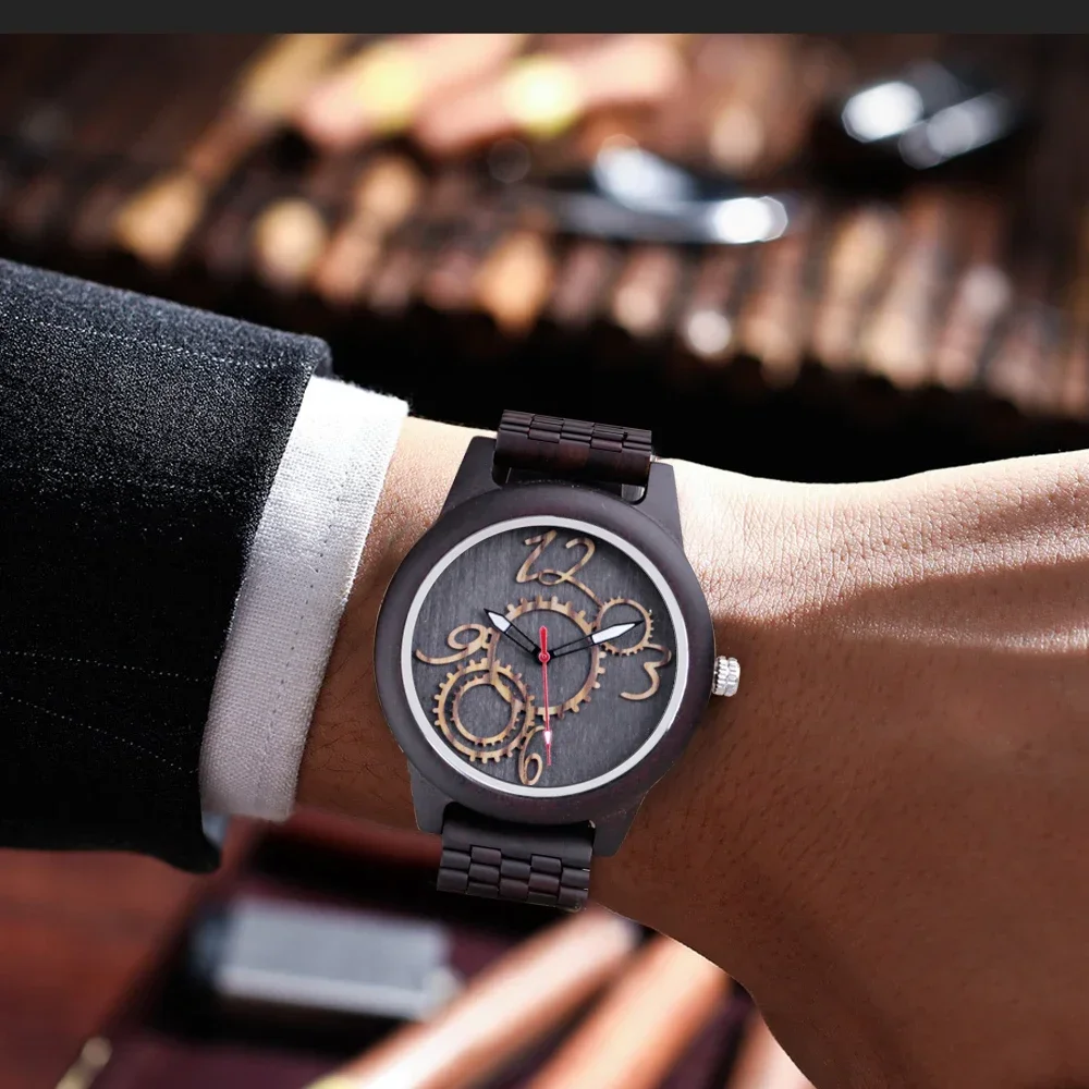 New Gear Pattern Design Wooden Quartz Men's Watch Street Casual Fashion Men's Accessory Watch