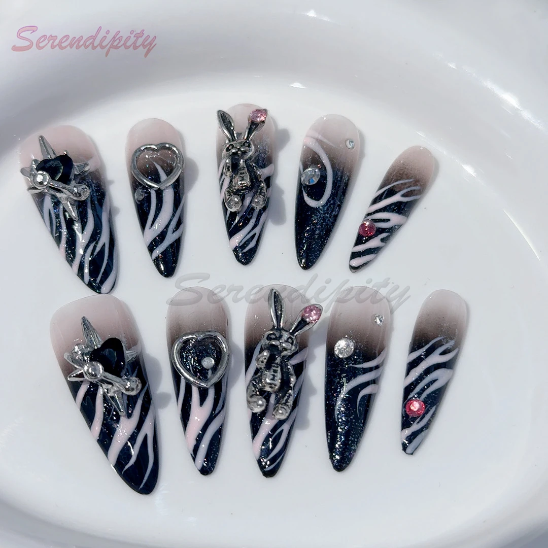 10Pcs Press on Nails Niche Duke Rabbit Punk Gothic Style Dark Spicy Girl Style 3D  Stereoscopic Rhinestones Removable Fake Nails