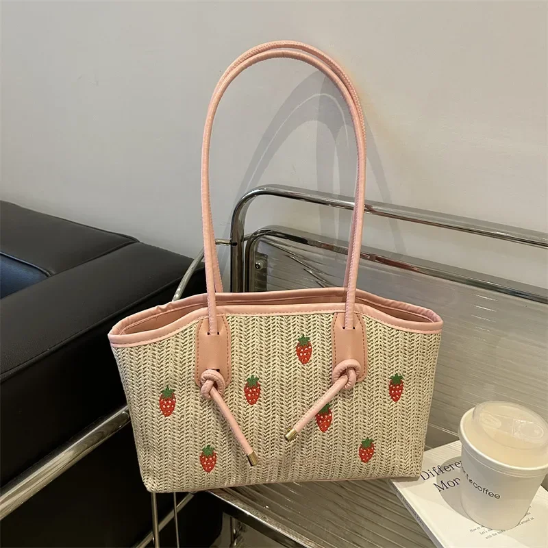 Summer travel woven bag tote bag women's pastoral vacation style strawberry embroidered tote bag