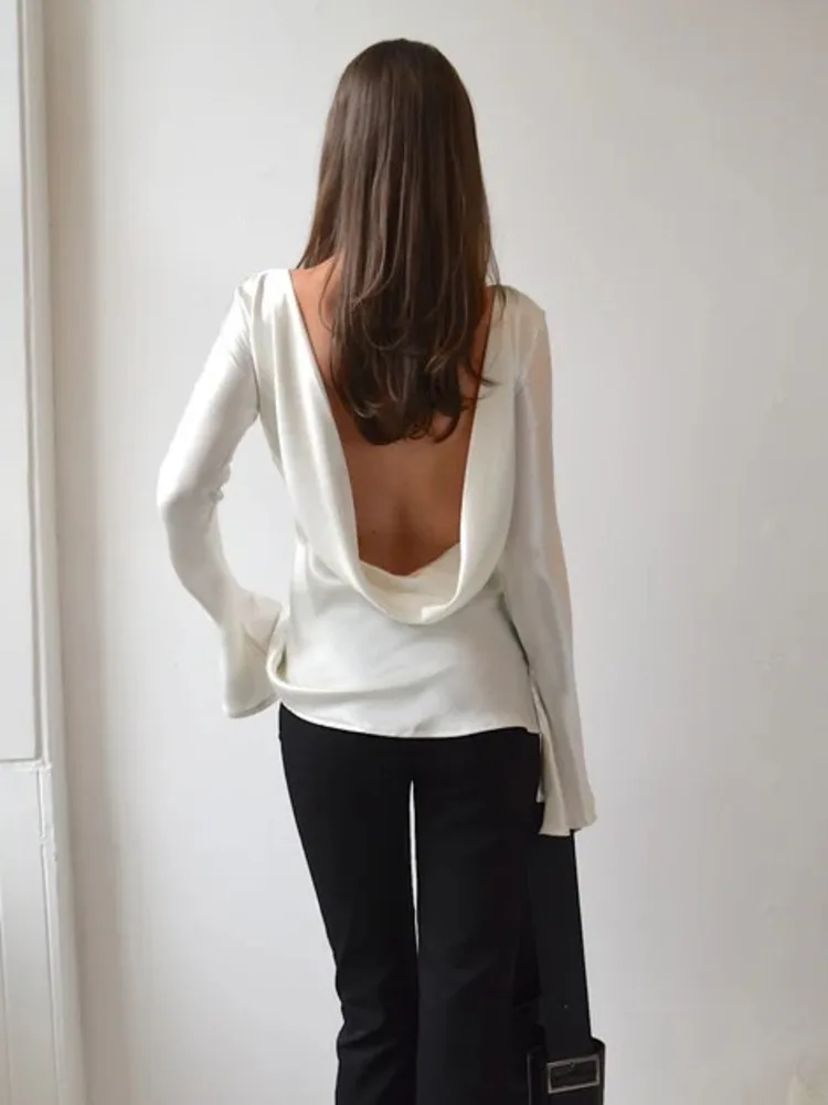 

Articat Elegant Long Sleeve Satin Slim Fit Top T-Shirt Women Sexy Backless Solid Color Top Autumn New 2025 Fashion Clothing