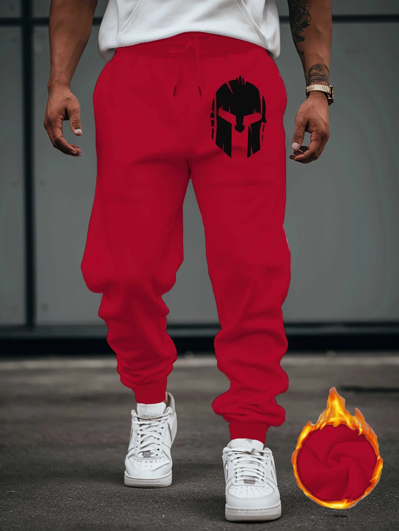 Spartan warrior helmet silhouette thigh‑side graphic print sweatpants for men hip hop sports jogger trousers