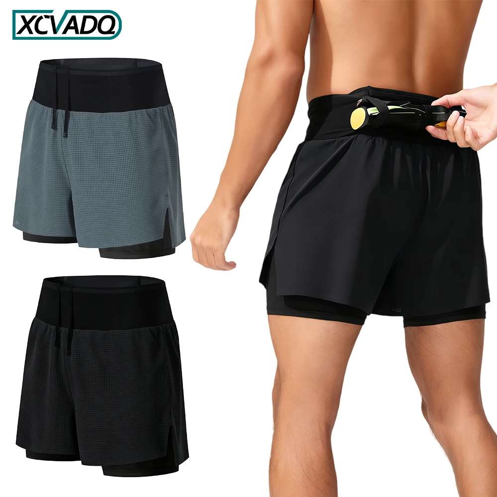 2-in-1 Men Compression Running Shorts Multi Pockets Quick Dry Breathable Gym Hiking Marathon Training Sports Shorts