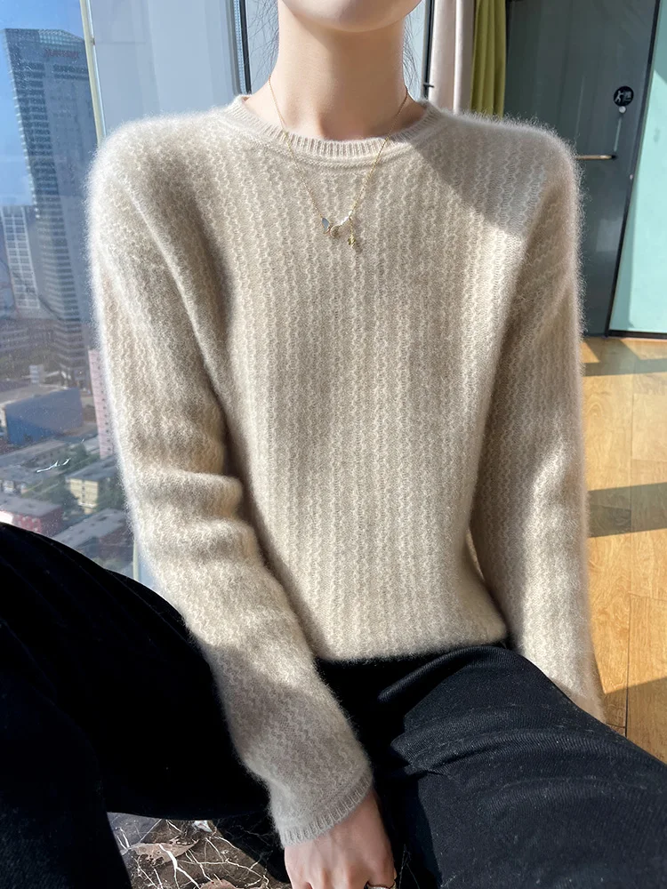 Water Wave Pattern Women New Round Neck Sweater 100% Merino Wool Thick Warm Pullover Autumn And Winter Cashmere Knit Korean Tops