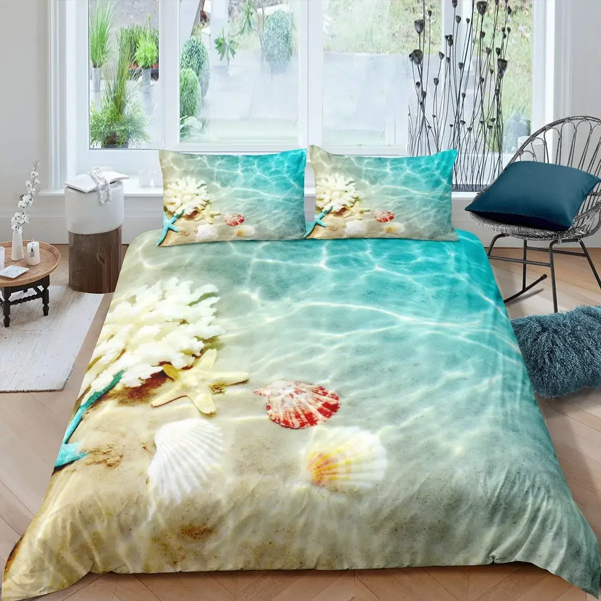 Beach Starfish Seashell King Queen Duvet Cover White Ocean Creatures Bedding Set Hawaii Quilt Cover Polyester Comforter Cover