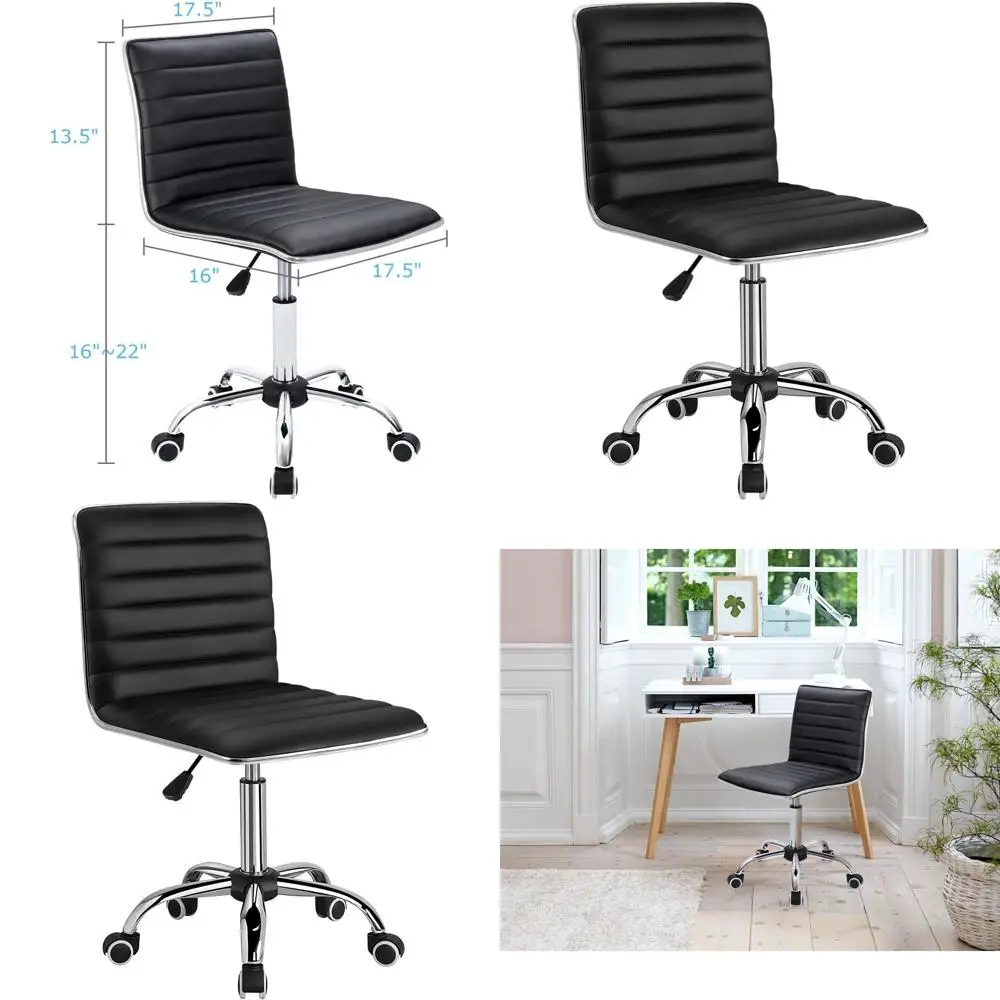

Ergonomic Mid-Back Chair, Leather Low-Back Swivel Office Seat, Makeup Vanity Stool, Retro Computer Desk Chair without Arms (Blac