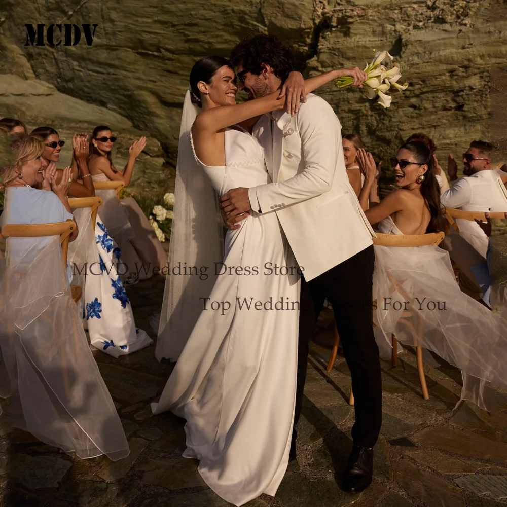 

MCDV Customized Spaghetti Straps Wedding Dresses 2025 V-Neck Backless A-Line Beading Satin Sexy Bride Gown Vestido De Novia