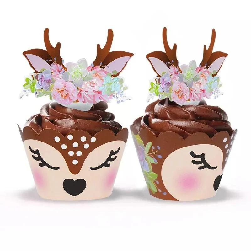 12Pcs Reindeer Cupcake Wrappers and 12Pcs Toppers for Muffin Dessert Cake Decorations Baby Shower Party Supplies Favors