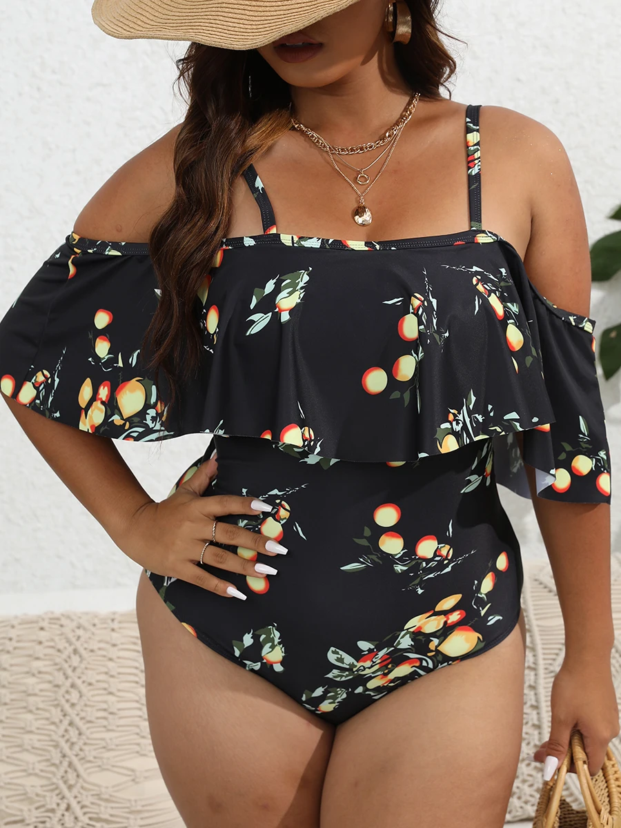 Ruffle Large Plus Size Swimsuit Women One Piece Printed Swimwear Female Bathers Bathing Swimming Swim Suit Beachwear 4XL