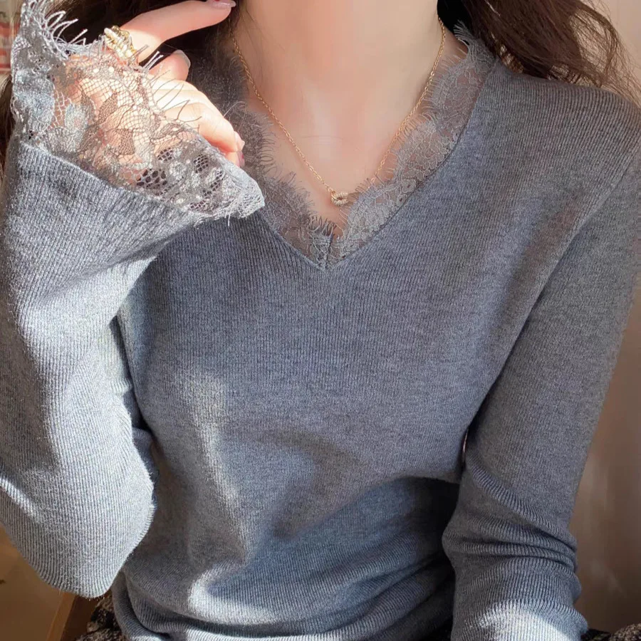 

Apricot V-neck Lace Knitted Sweater for Women's Inner Wear 2025 Autumn and Winter New Models