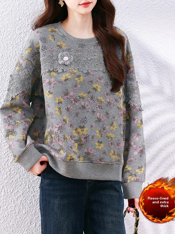 

Женская свободная толстовка с кружевными вставками и цветочным принтом, утепленная флисом, модная, универсальная, в уличном стиле