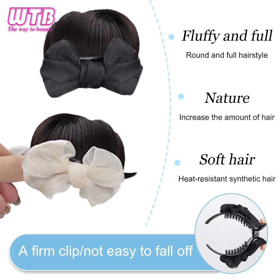 Wig Sanggul sintetis wanita, Wig cakar pita, Wig Chignon bunga, Wig hitam terintegrasi tahan panas untuk penggunaan sehari-hari