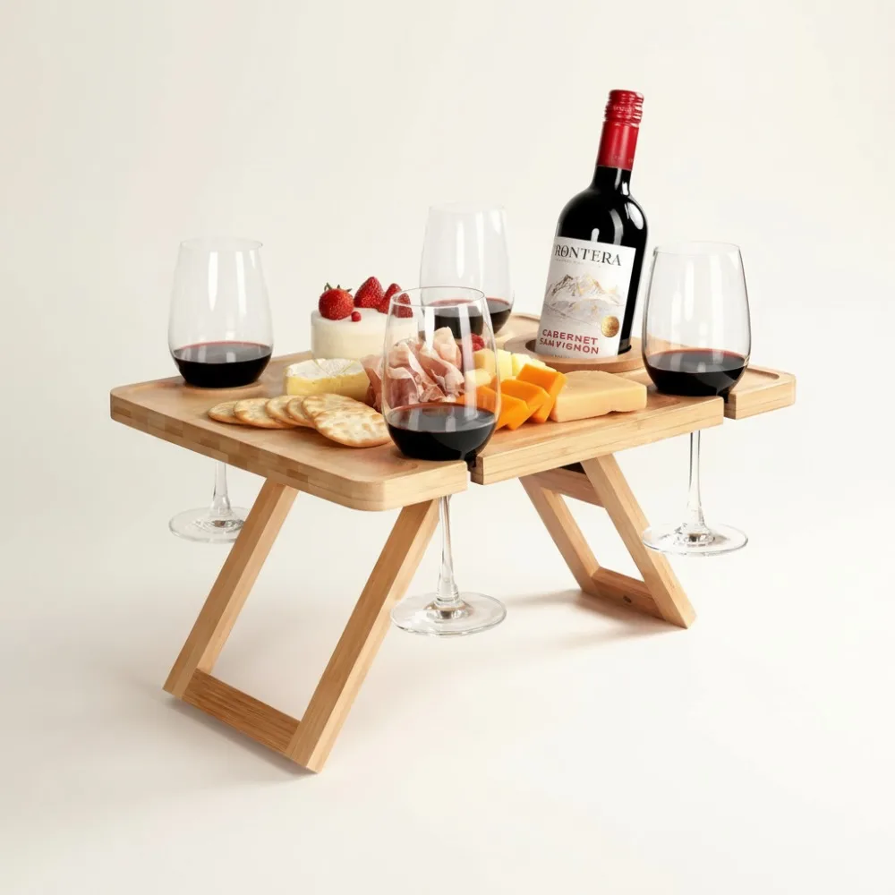 

Portable Folding Wine Picnic Table with Glass Holder, Bamboo Snack Tray for Outdoor & Indoor Use