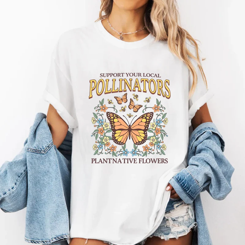 Native Garden Pollinator T-Shirt Butterfly Bees Floral Tee Casual Round Neck Printed Cotton Short Sleeve Tshirs Woman Ladies