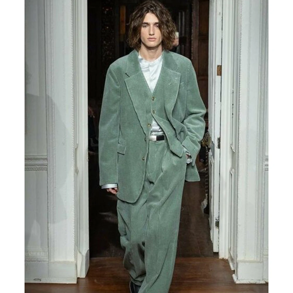 

Винтажный матовый серо-зеленый мужской костюм-двойка: пиджак и брюки с широкими штанинами, однобортный, с лацканами, свободный крой, для офиса и повседневной носки