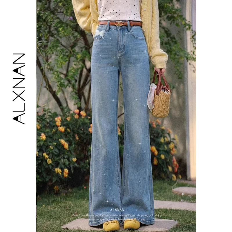 

ALXNAN Women's Blue Straight Jeans Hotfix Rhinestones Spring Fashion All-match Elegant Baggy Pants 2026 New Denim Pants L61370A