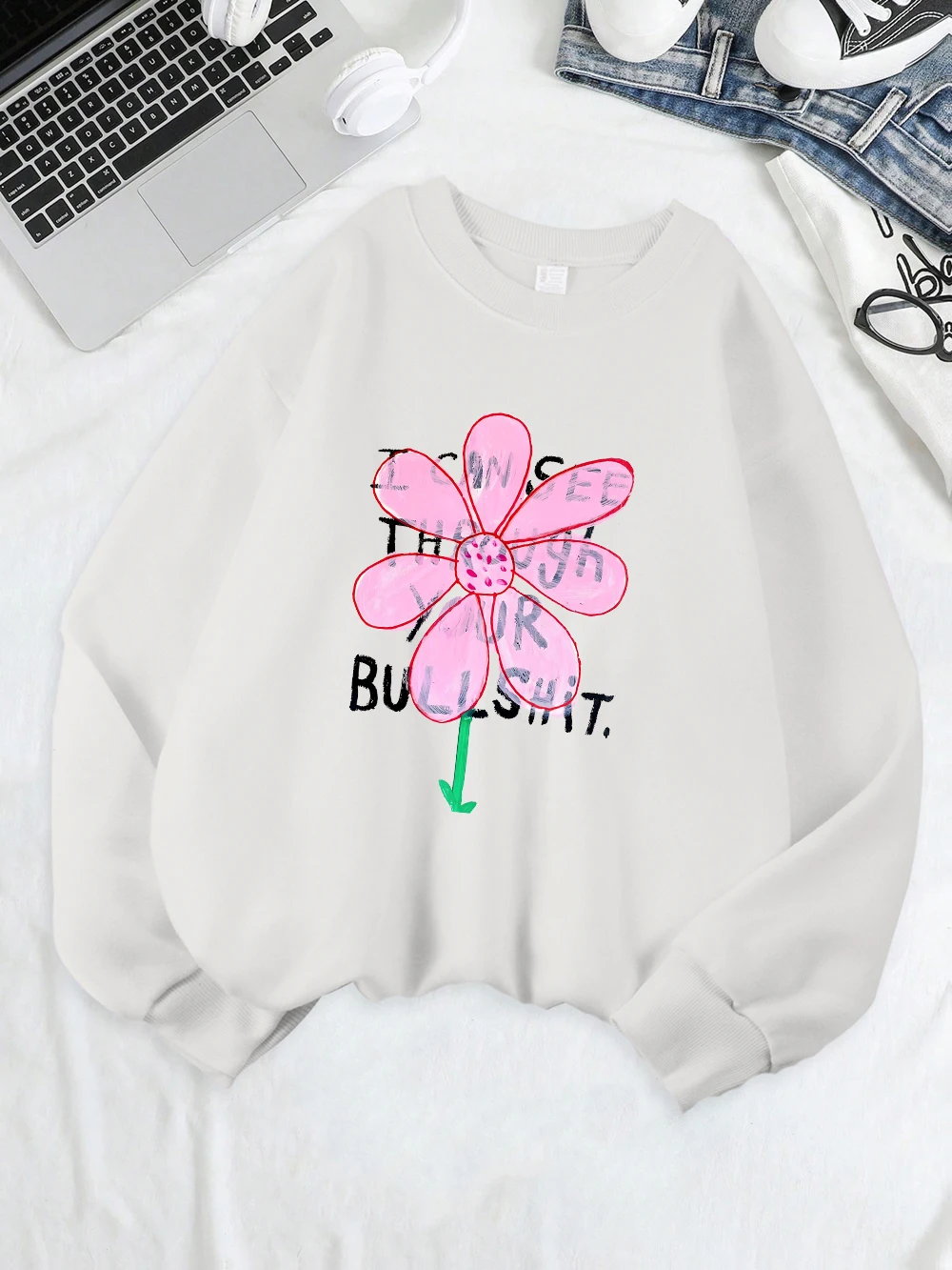 I Can See Through Your Bullshit Prints Sweatshirts Damen Fleece Warme Winter Hoodies Lose Lässige Pullover Rundhalsausschnitt Weiche Kleidung