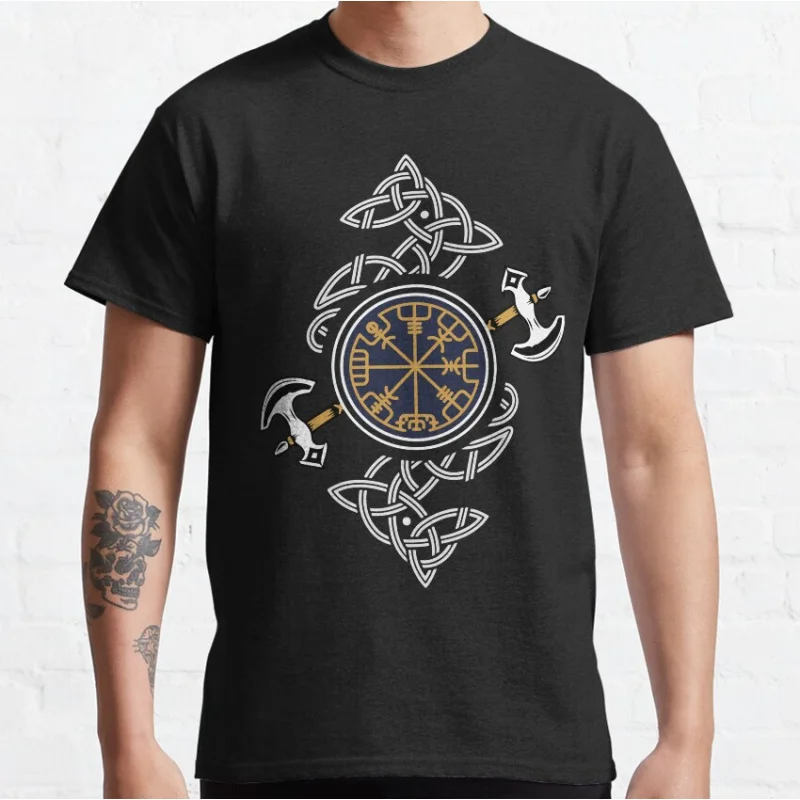 

Retro Viking Symbol Compass Vegvisir Nordic Rune Celticy Gift t shirt for man Large size Tops 100% cotton printed Clothes