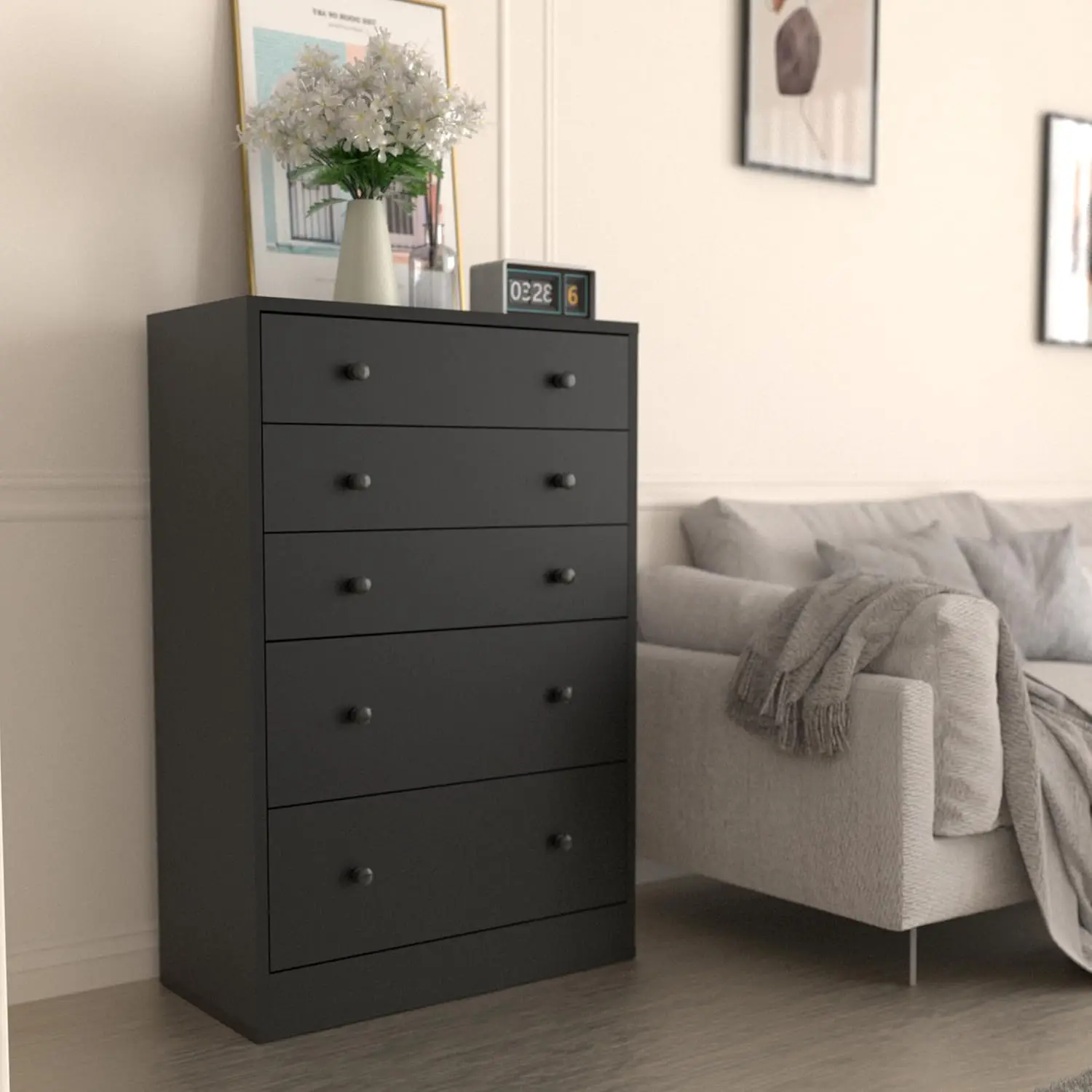 

5 Drawers Wooden Dresser, Wood Storage Tower, Tall Chest Organizer Unit for Bedroom
