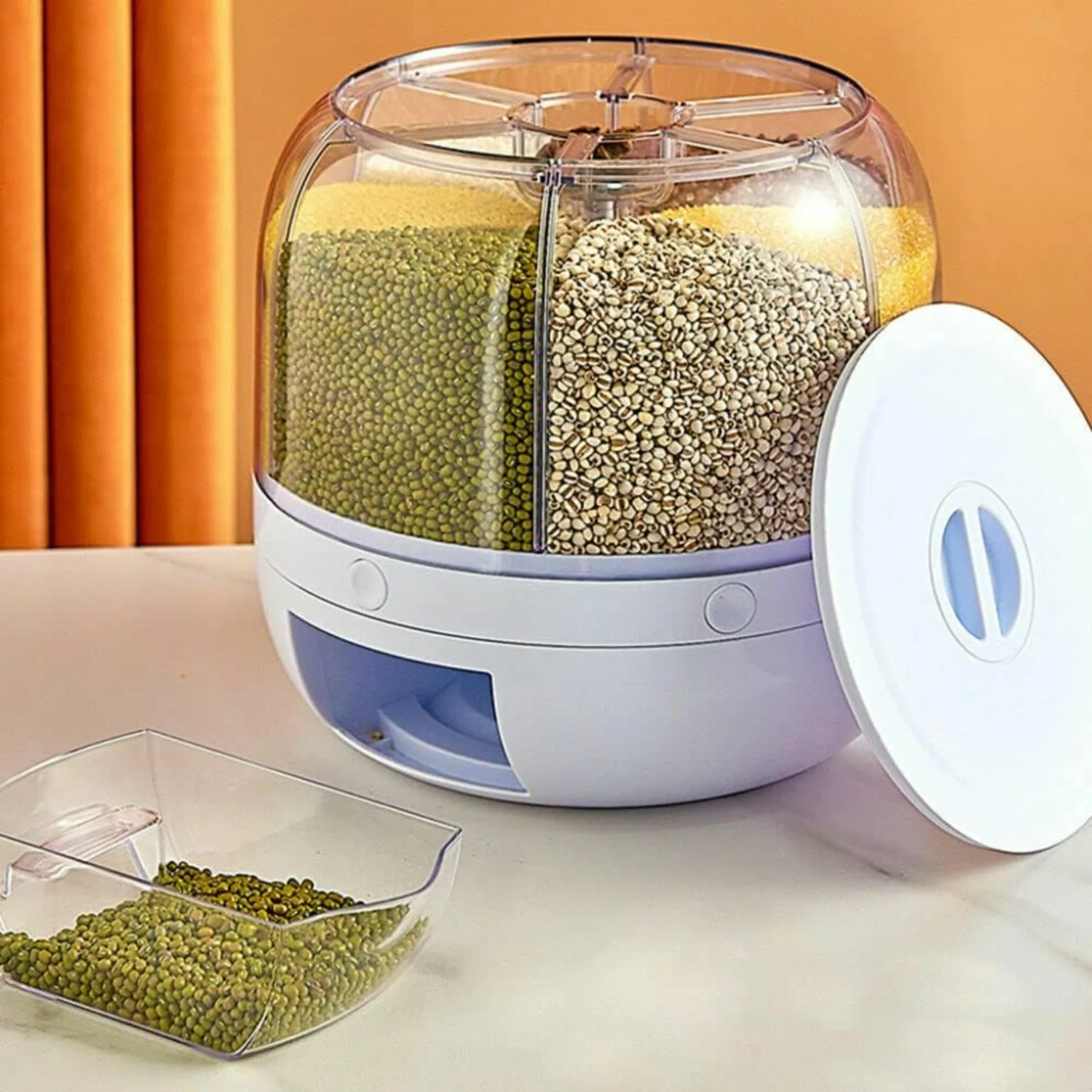

360° Rotation 6-Grid Dry Food Dispenser with Airtight Cereal Containers and Measuring Cup - Space Saving Sealed Grain Container