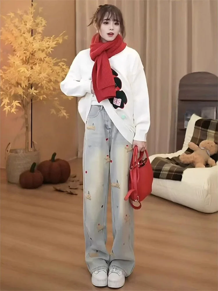 

Большие размеры, вышитые широкие джинсы Fce, женские осенние дизайнерские утягивающие длинные брюки с высокой талией, прямой крой, повседневные брюки