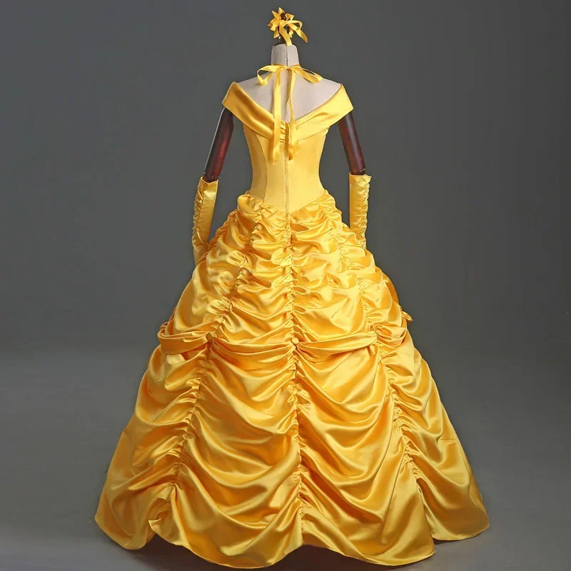 Nuevos adultos Cosplay Navidad mujer princesa bola La Bella y La Bestia disfraz de Bella para niños vestido amarillo elegante W MN3
