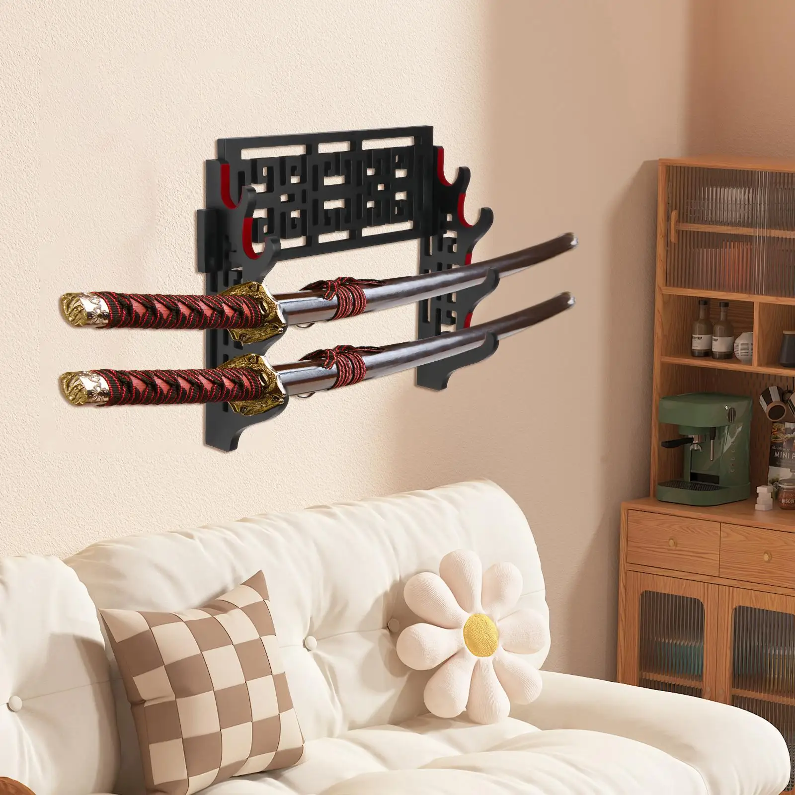 4 Tier Samurai Sword Display Rack ,Decorative Hollow Base Support, Wood Bracket