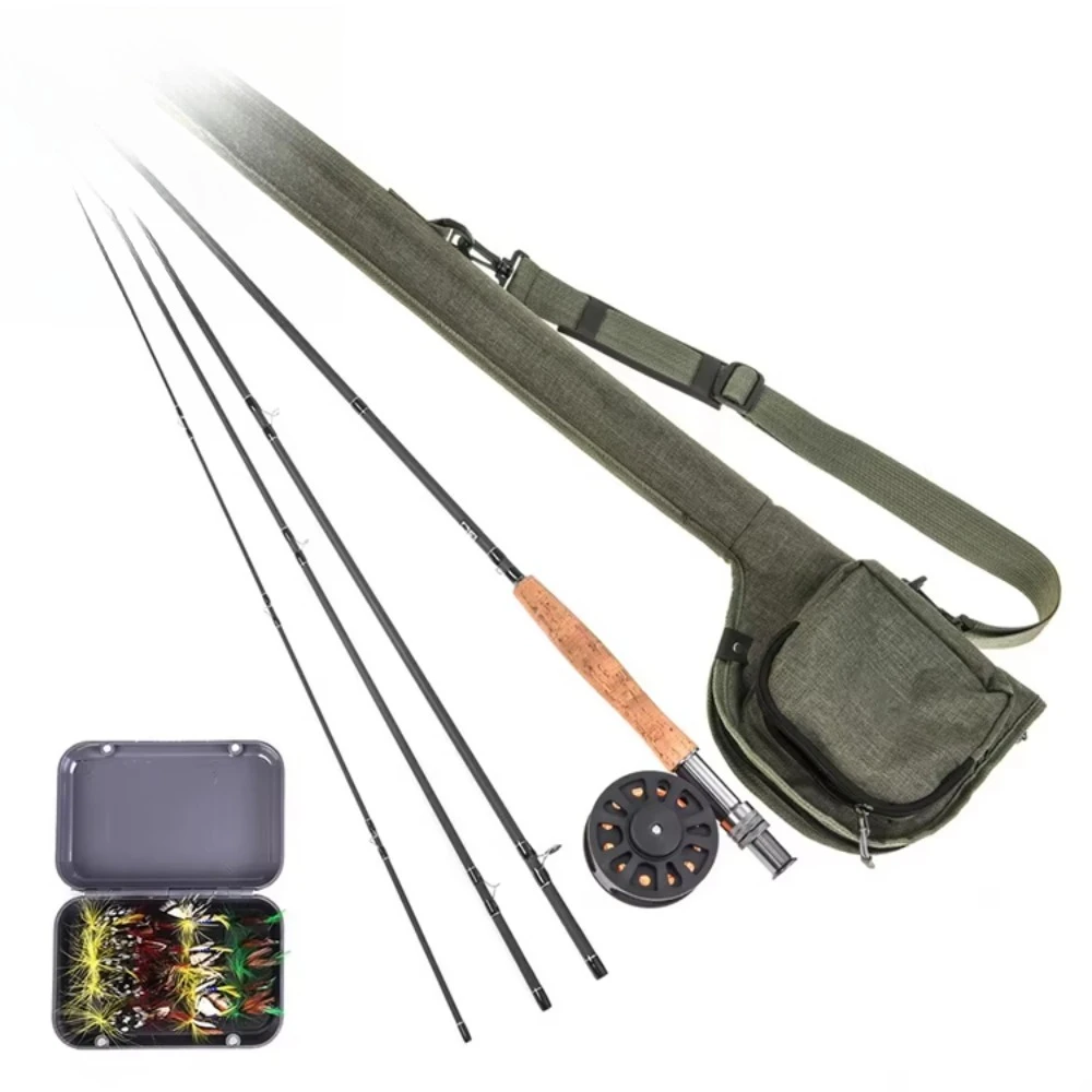 Vara de Pesca de Fibra de Carbono com Cabo de Cortiça, 4 Seções, para Spinning e Fly Fishing, Combo com Carretilha e Isca - Atacado