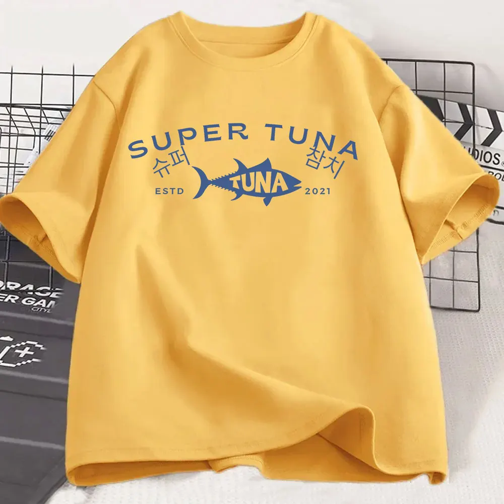 Kpop الكورية جين سوبر سمك التونة تي شيرت ريترو موضة قصيرة الأكمام س الرقبة تي شيرت الرجال النساء القطن عادية تي شيرت المتضخم