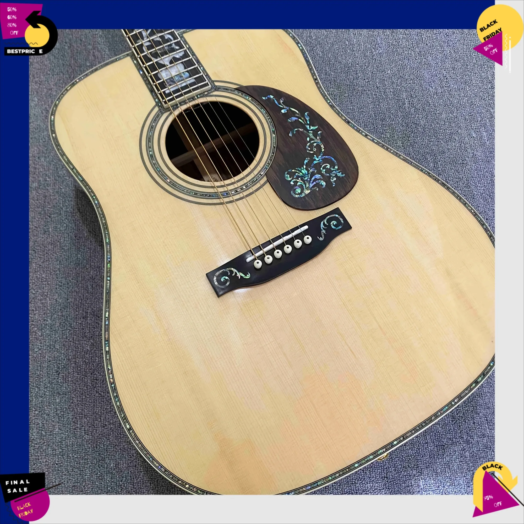 Free Shipping D45 Acoustic Guitar Natural Wood Guitar 41 Inch Folk Guitar Exquisite Floral Inlay Rich Tone Great Ideal Present