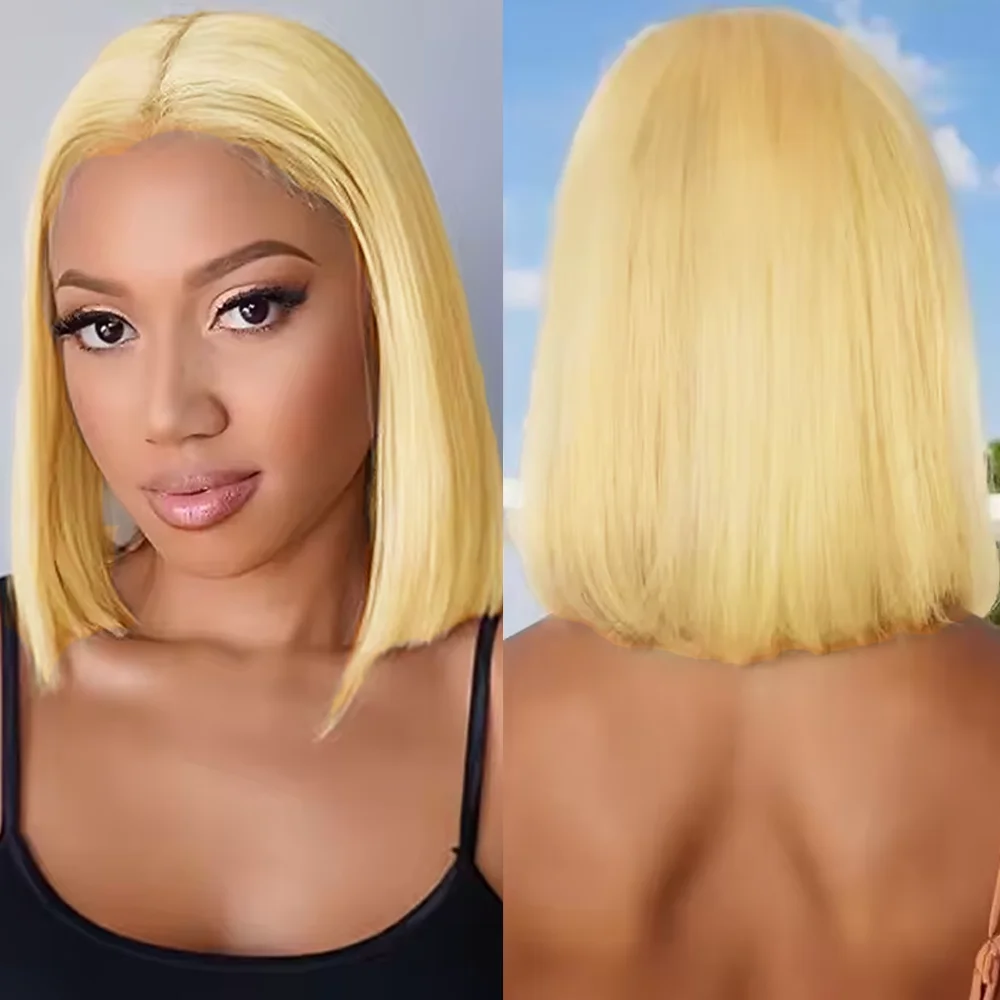 

613 Бразильские человеческие волосы Медовый блондин Короткий боб Прямой 13x4 HD Прозрачный парик из натуральных волос на кружеве для женщин Плотность 200