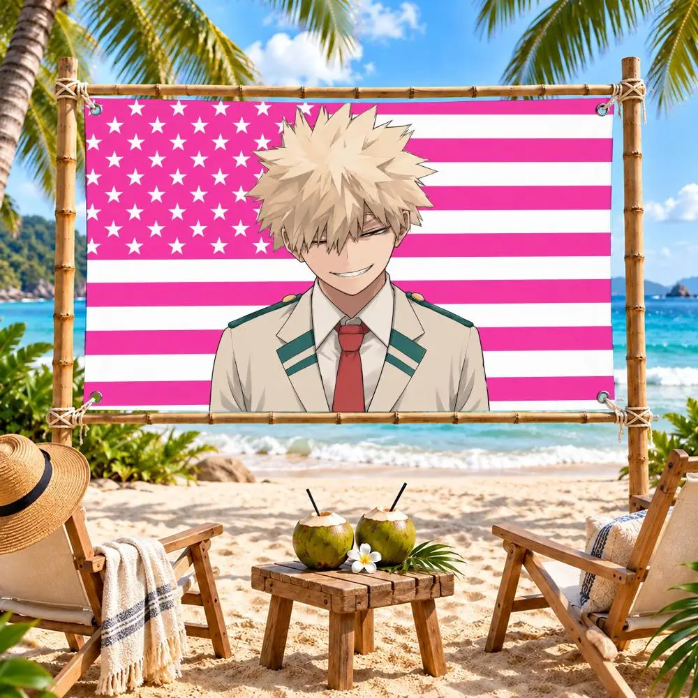 My Hero Academias Bakugou Katsuki American Flags Polyester Digital Printing Banner for Wall Art Out Door Decoration