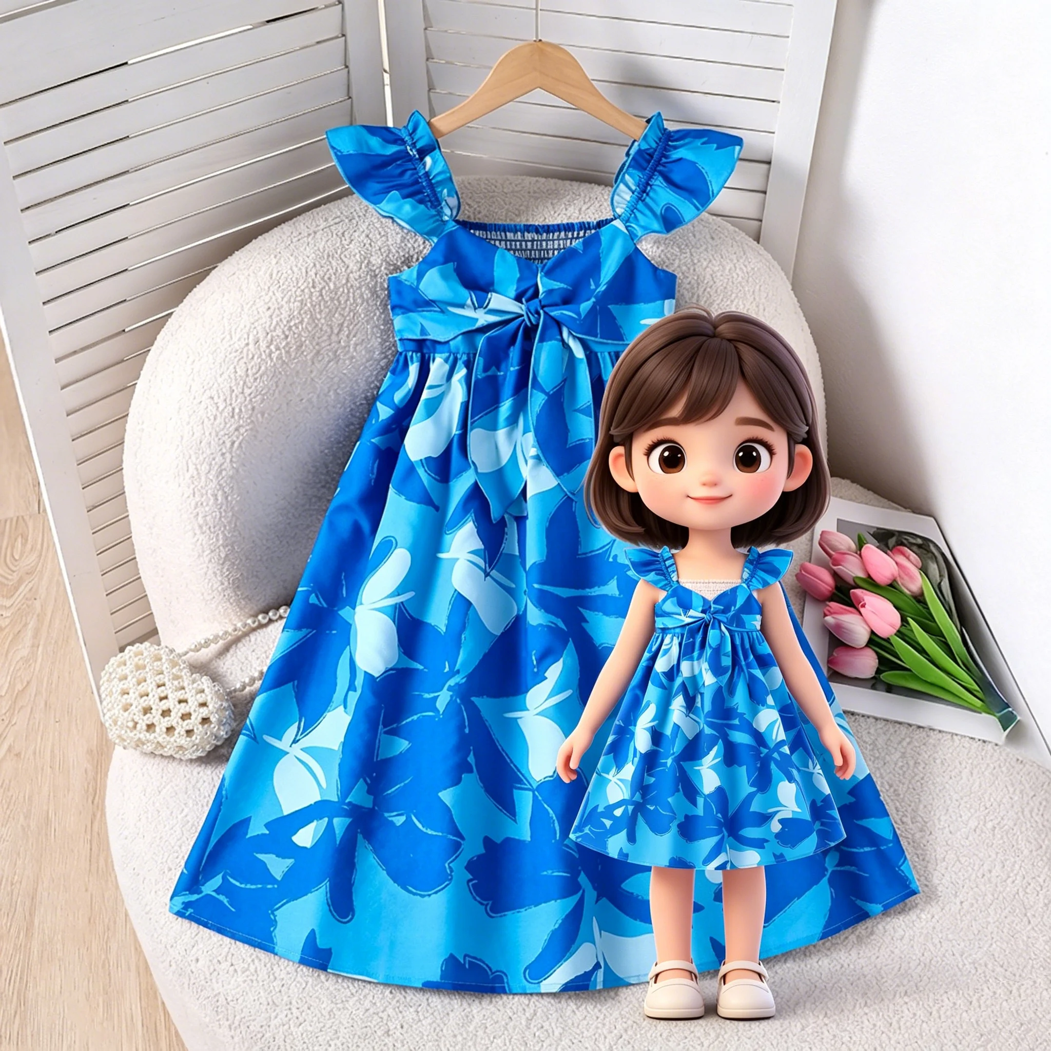 

Girls 8‑12 summer dress, blue leaf print ruffle strap midi dress with front bow, smocked back, soft comfy for daily wear