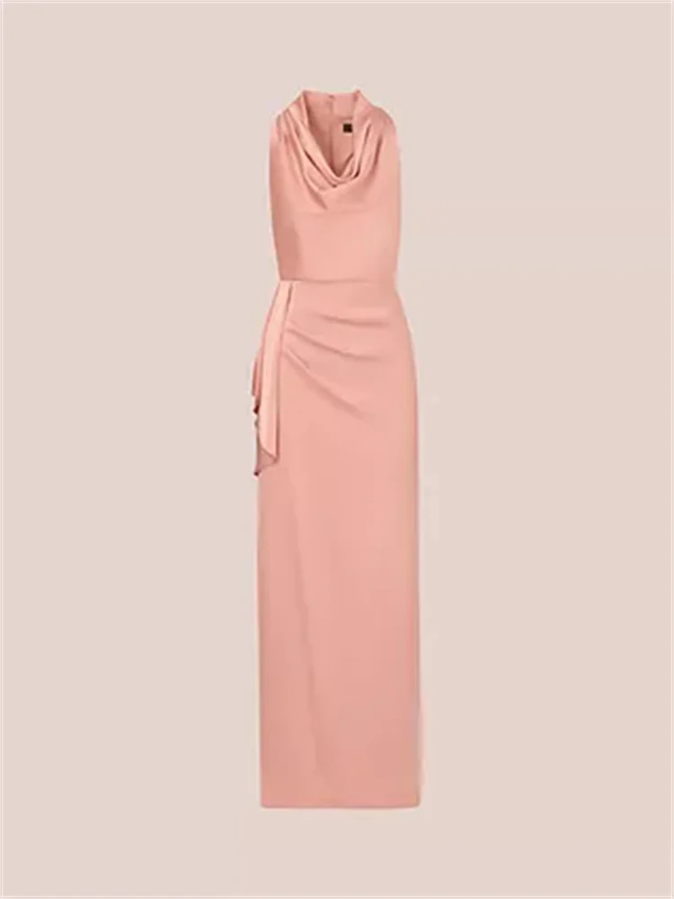 

New Arrival Cowl Neckline Sleeveless Sheath Silk Satin Evening Dress Elegant Back Zipper Floor Length Side Slit Gown For Women