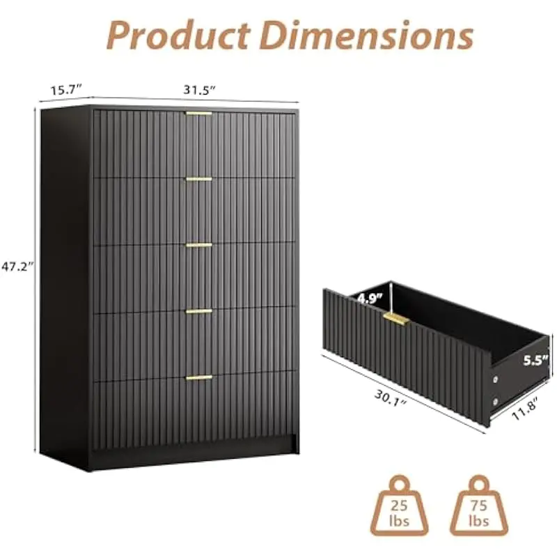 47.3 inch tall vertical fluted floor cabinet with five smooth-gliding drawers in matte black finish measuring 31.5 wide by 15.7