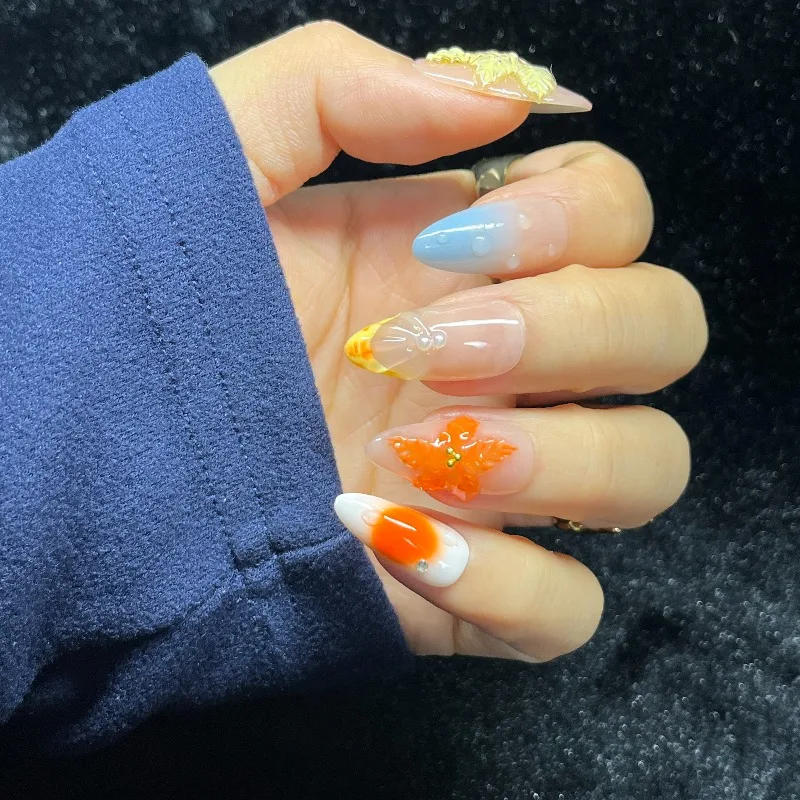 

10 шт., сладкий пресс на ногтях, пастельный градиент в форме миндаля с 3D цветочными стразами, мечтательные накладные ногти, ногти ручной работы для девочек 네일