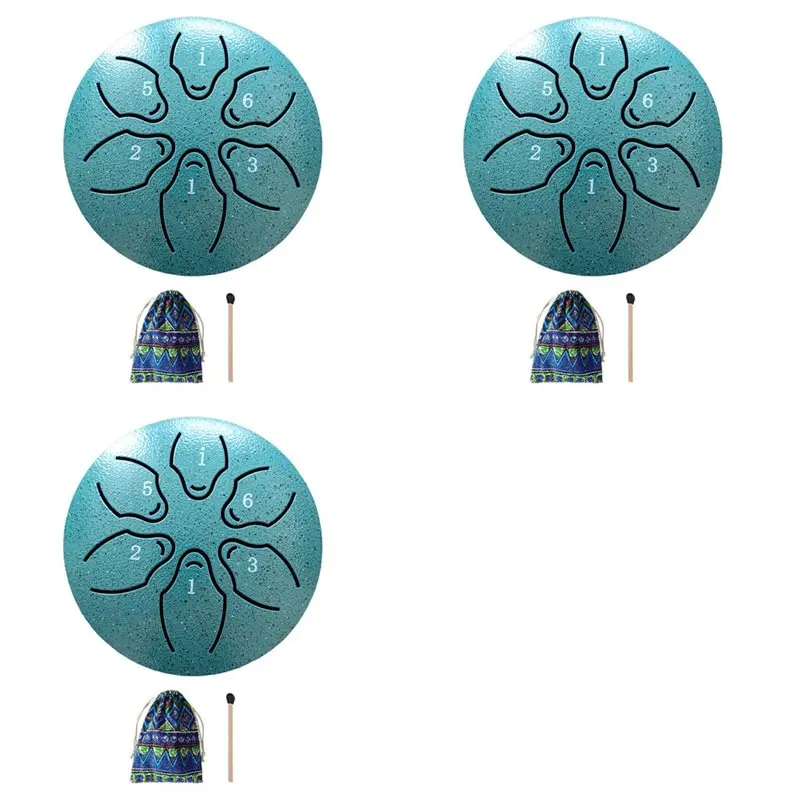 ABLB-3X Rain Drum For Outside Steel Tongue Drum, 6 Notes 3 Inches Chakra Tank Drum Steel Percussion Padded Mallets Dark Green
