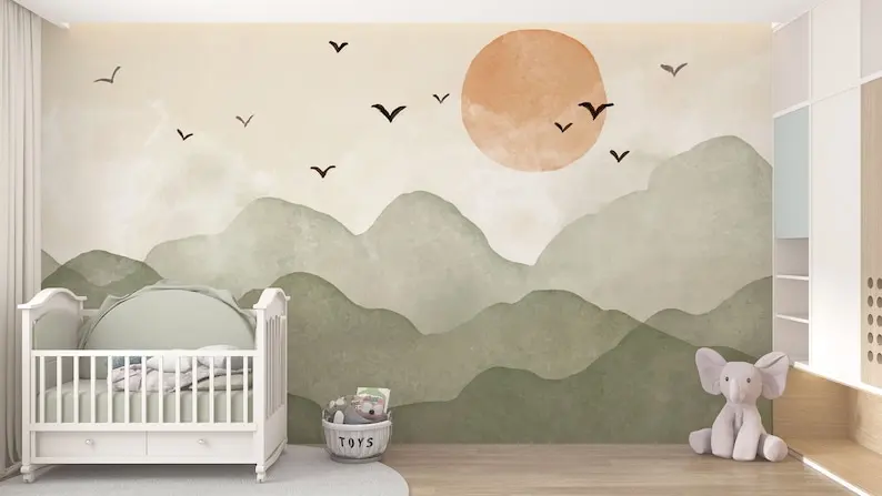 Bohemian Colors Self Adhesive Nursery Wallpaper, Sunset Through The Mountains With Watercolor Effect Peel & Stick Textured Wall