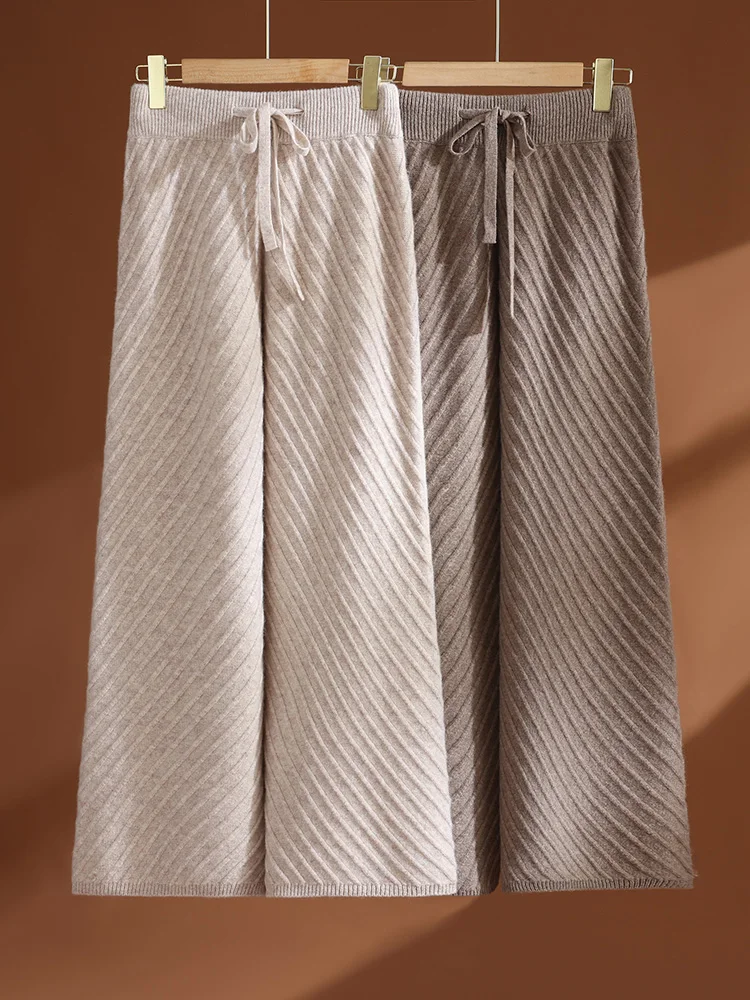 TLOML Autumn Winter Women's 100% Merino Wool Slant Orchid Wide Leg Pants Cable Knit Thick Soft Warm Cashmere Casual Comfy Pants