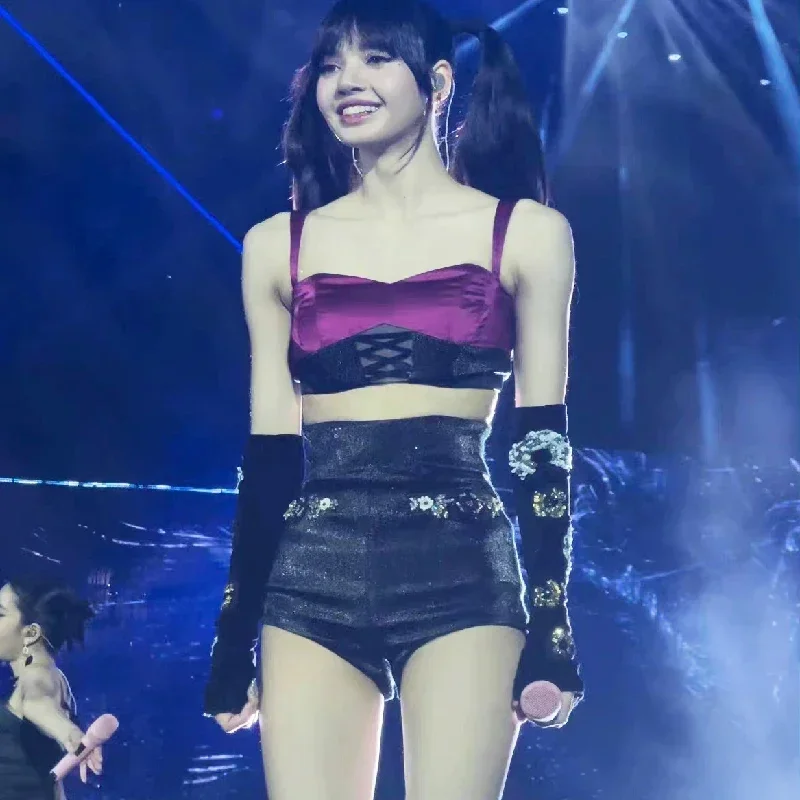 Kpop Girl Group LISA Women Jazz Dance Costume Flower Embroidery Crop Tops Slim Shorts Nightclub Singer Stage Performance Outfit