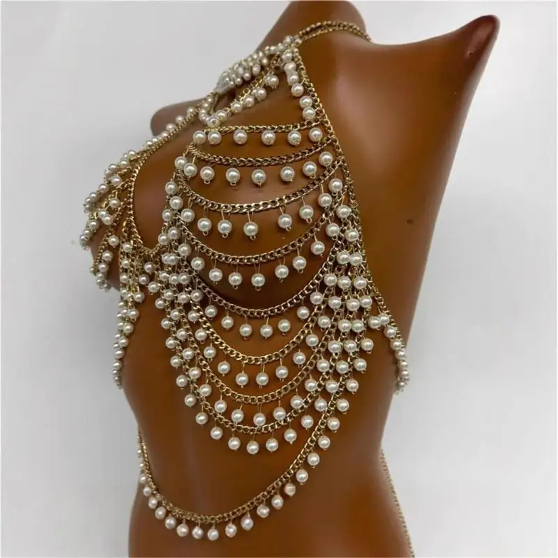 31BF Pearls Beads Bra Chain Halter Vest Beach Parties Body Jewelry for Women Clubwear