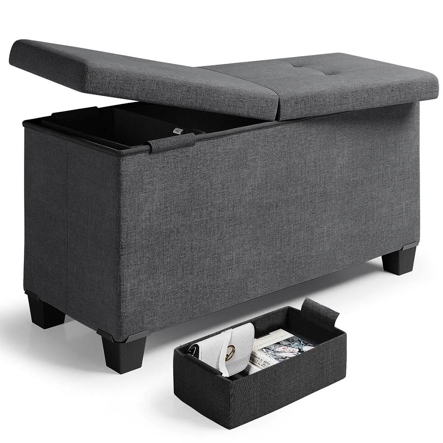 

US 30" Storage Ottoman Bench Chest Folding Living Room & Bedroom Footrest with Bins chairs