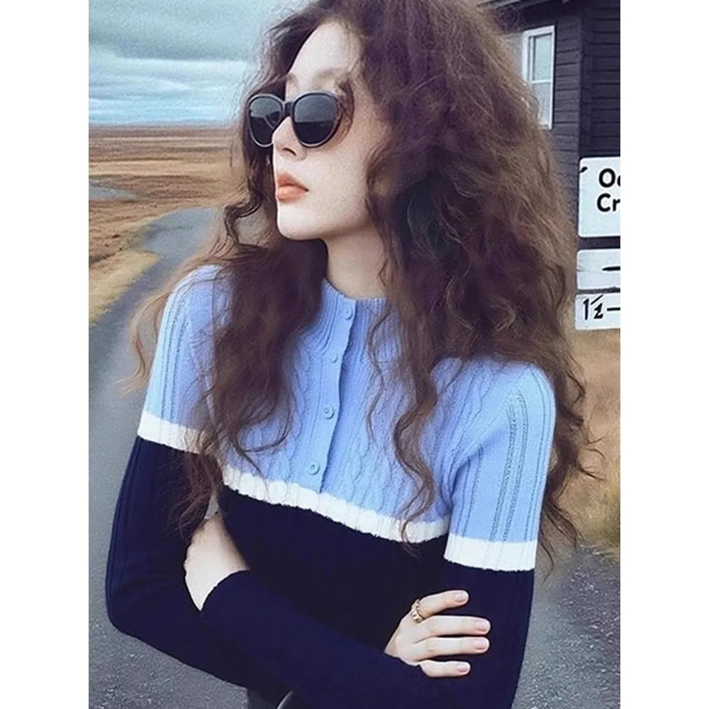 Fashion Blue Patchwork Knitted Top Women Slim Casual Base Bottoming Top Jumper Pullover
