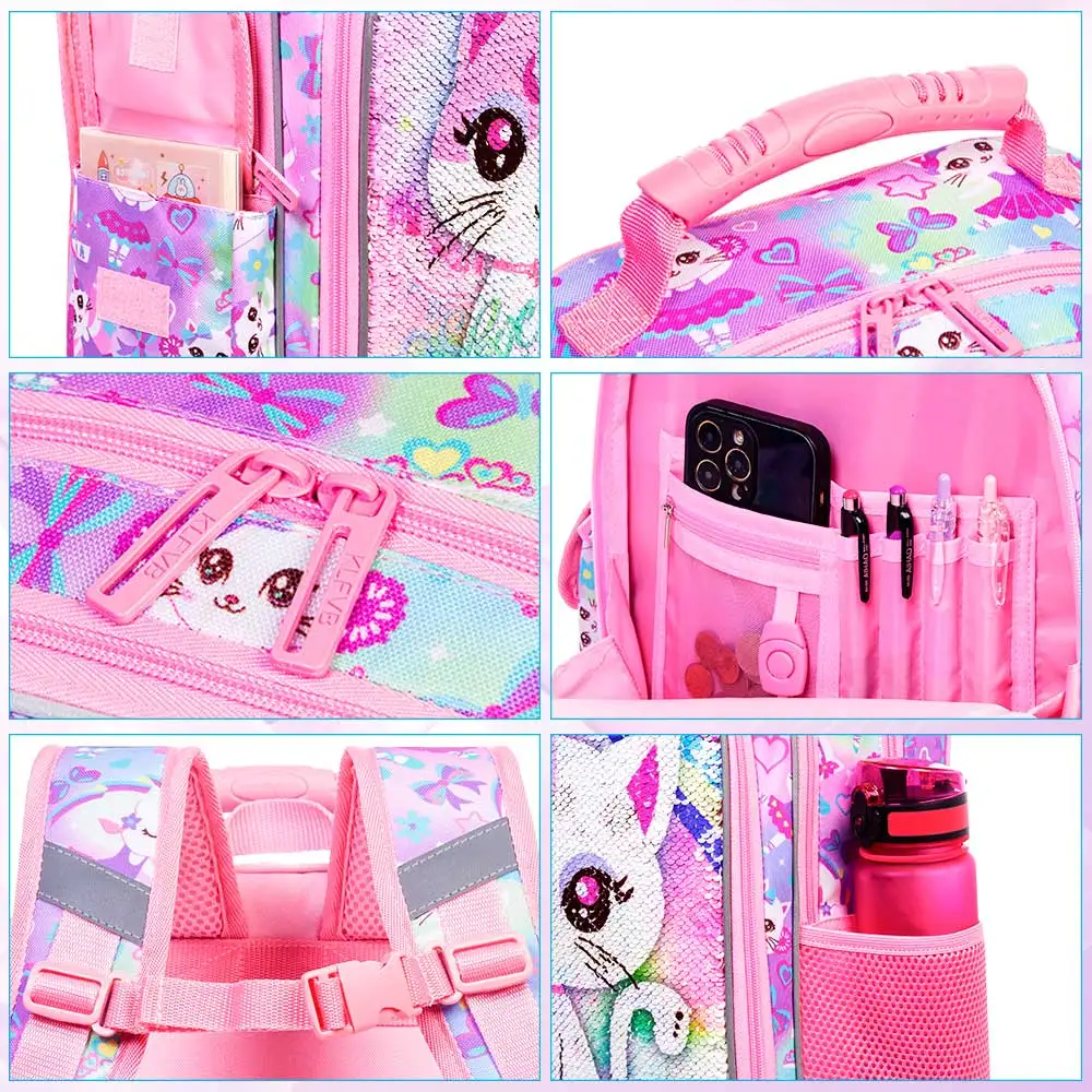 3PCS meisjesrugzak, 16” kinderkattenboekentas met pailletten en lunchbox, waterbestendige schooltas voor elementaire kleuterschool
