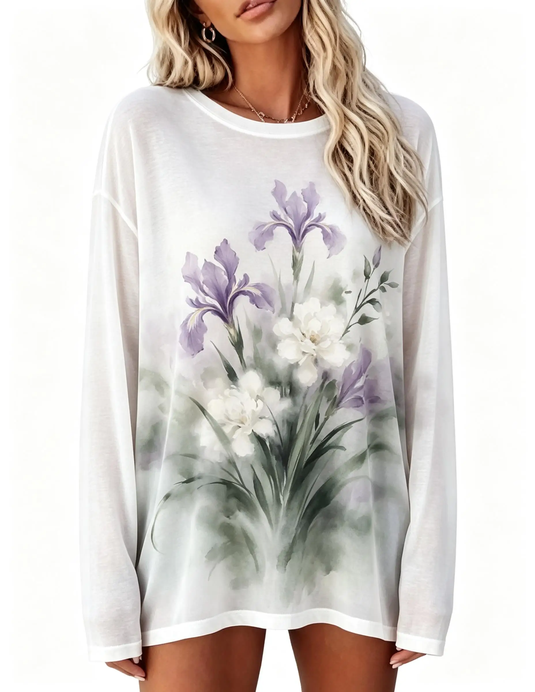 Women Long Sleeve T‑Shirt Vintage Pink Rose Flower Bouquet Floral Print Crew Neck Casual Tops